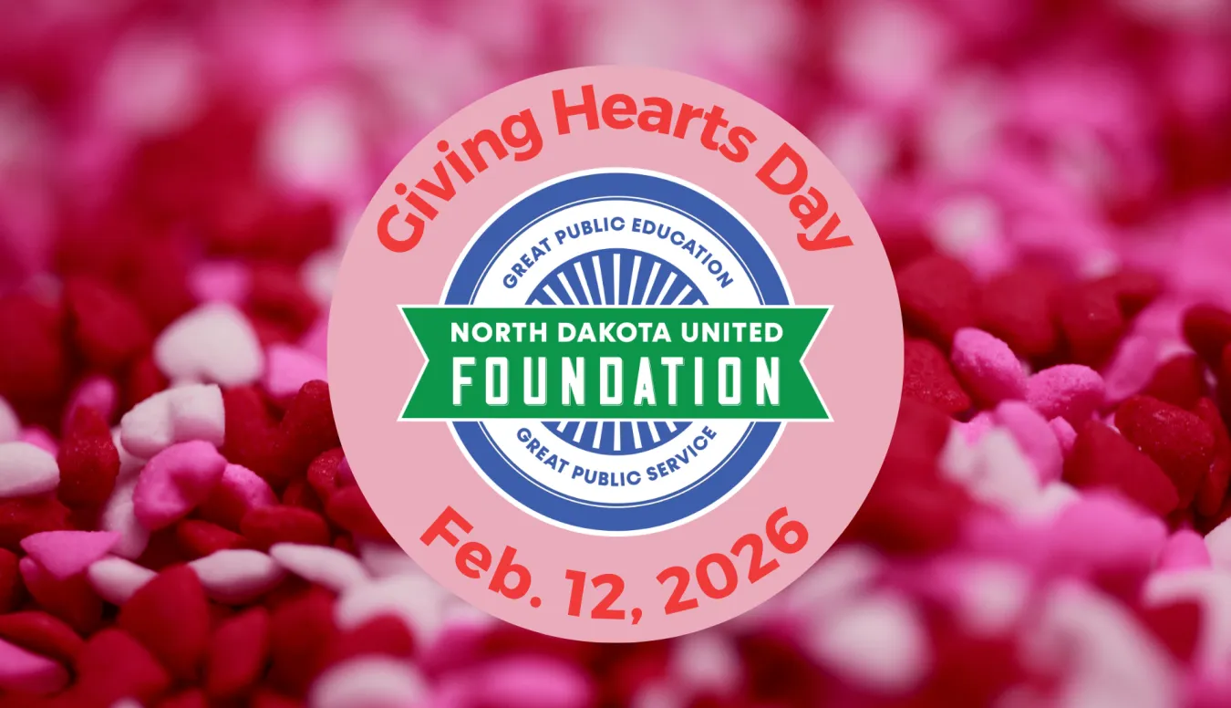 NDU Foundation logo with text, "Giving Hearts Day - Feb. 12, 2026," over top background of pink, red and white candy hearts.