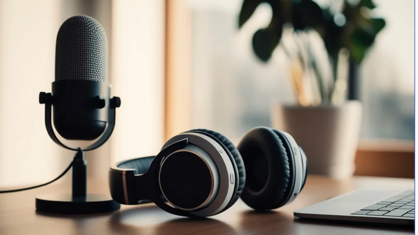 A podcast microphone, headphones and laptop sit on a brown, wood table in front of a potted plant and window.