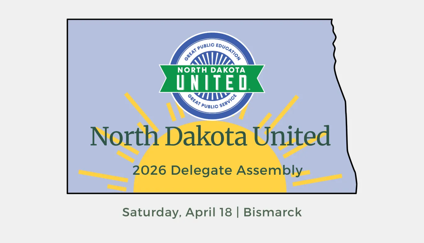 North Dakota United logo and a rising sun graphic, within blue outline of the state of North Dakota, and text that says: North Dakota United 2026 Delegate Assembly - Saturday, April 18 - Bismarck