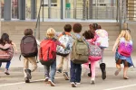 images of young students running with their backpacks on