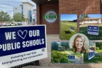 Collage of images of "We Love Our Public Schools" signs in yards of North Dakota homes.
