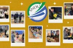 Several photos of Student-North Dakota United members from across the state working on projects, displayed as Polaroid pictures, with a cork board background and SNDU logo.