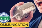 Close-up photo of man speaking into tin can with string, along with North Dakota United logo and "Communication" text label.