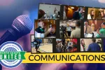 Montage of photos of North Dakota United members speaking on camera, atop a brightly colored background image of a microphone, and over top the NDU logo and the word "Communications"