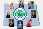 State of North Dakota shape in light blue with green outline, ND United logo in center, and circle of photos of scheduled speakers at upcoming Delegate Assembly.