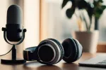 A podcast microphone, headphones and laptop sit on a brown, wood table in front of a potted plant and window.