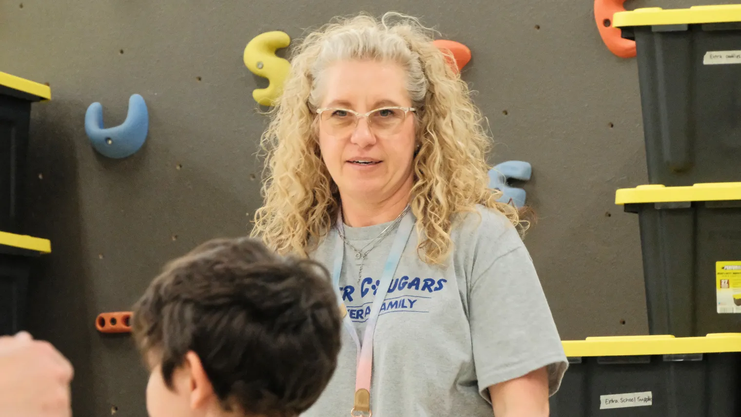 Dawn Ressler smiles while talking with elementary students during a physical therapy session at Mandan Public Schools.