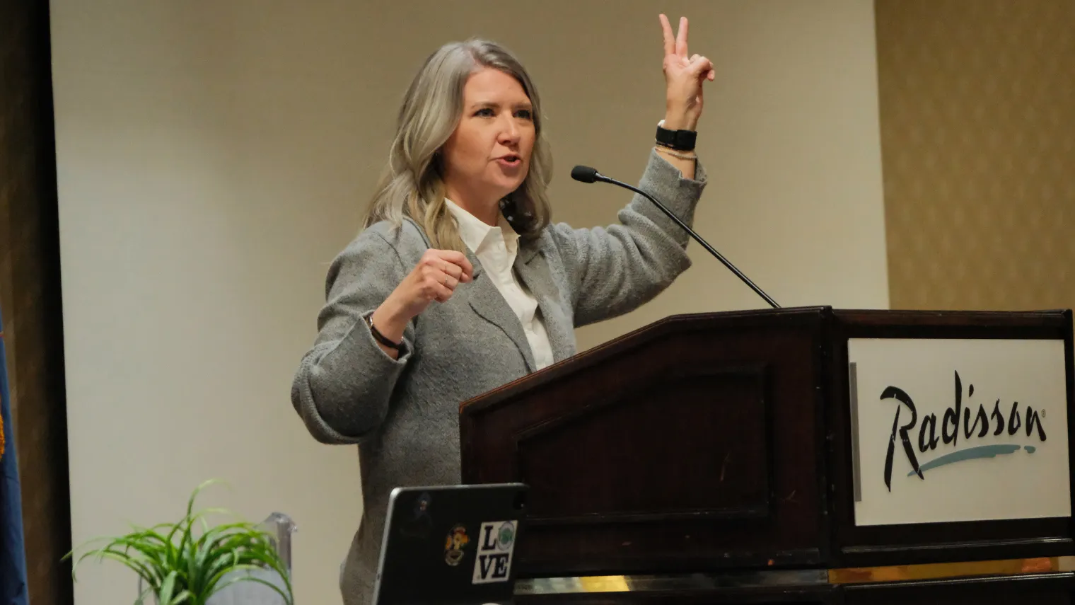 Erin Oban of North Dakotans for Public Schools speaks from the podium during an afternoon leadership and advocacy training session at the 2026 North Dakota United Delegate Assembly.