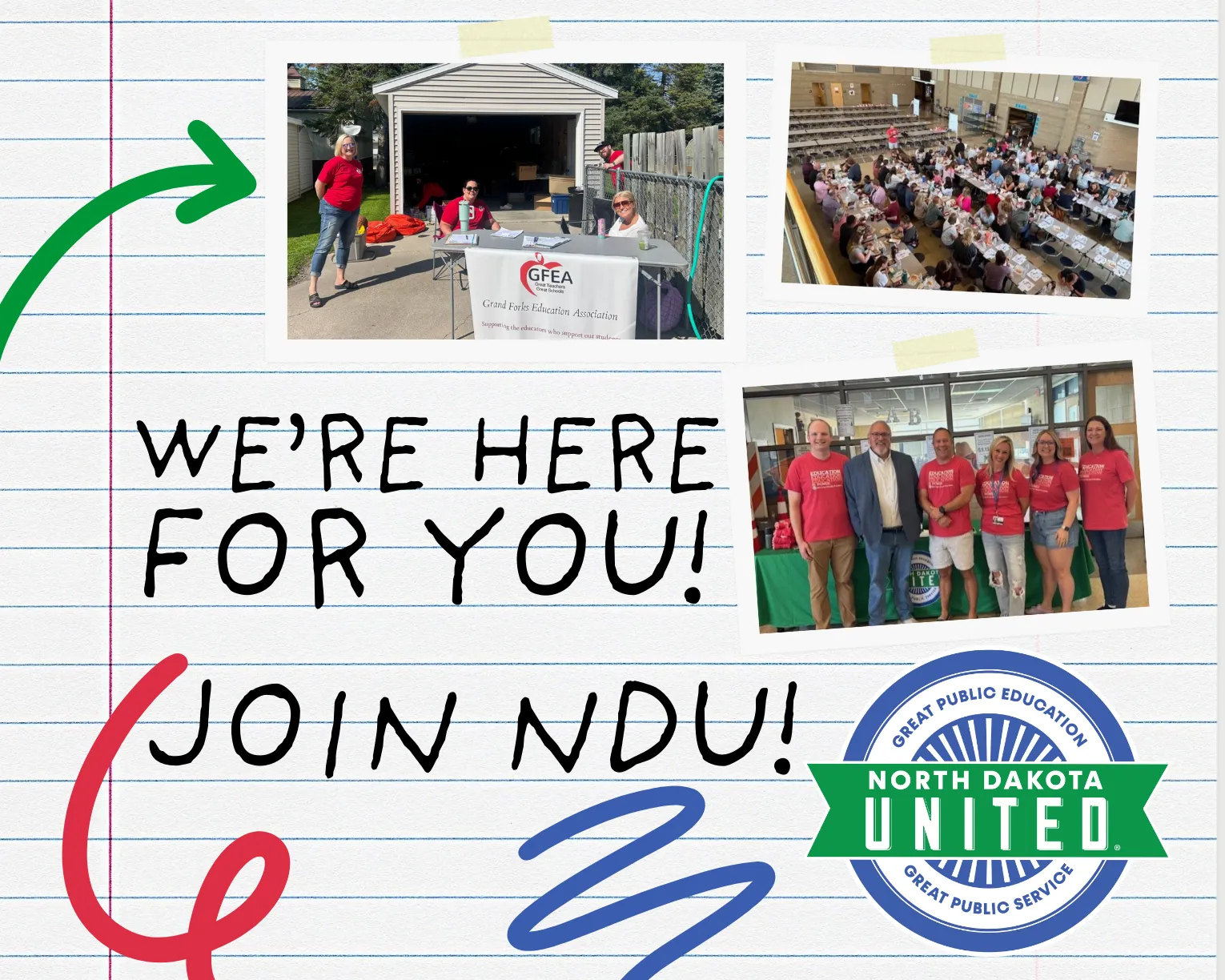 Photos of organizing events taped to lined notebook paper, with written message "We're Here for You, Join NDU!"