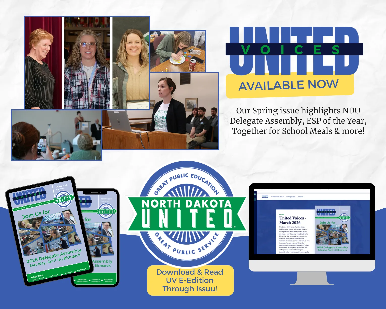 North Dakota United graphic promoting the Spring United Voices issue, featuring educator photos, the ND United logo, and a call to download the e-edition on mobile and desktop devices.