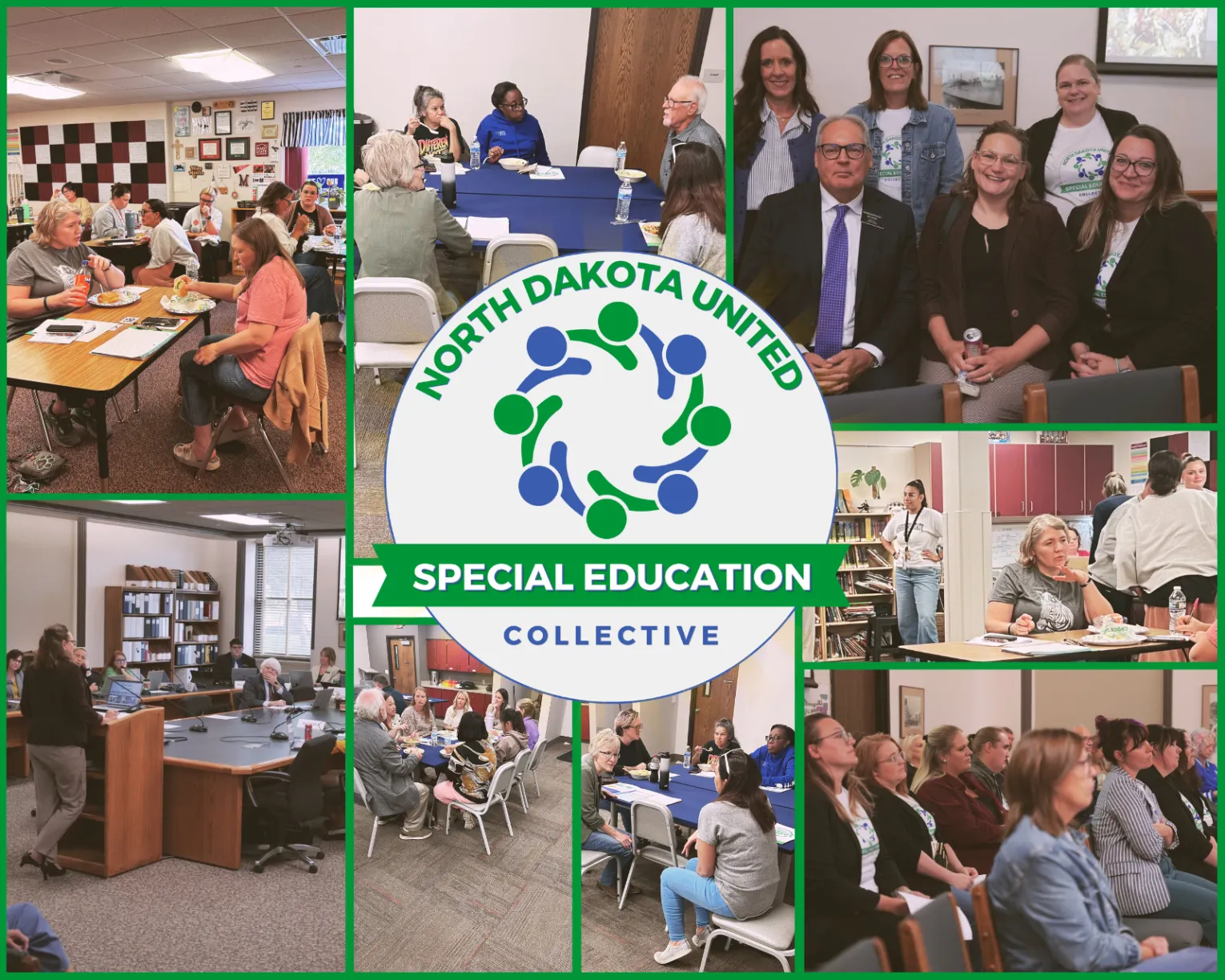North Dakota United Special Education Collective logo surrounded by photos of educators collaborating, participating in discussions and meeting with policymakers.