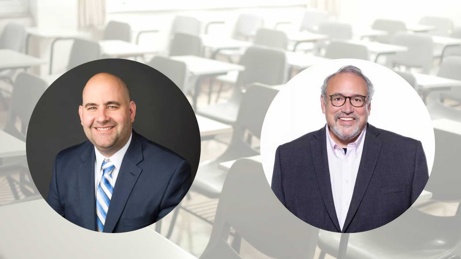 Background image of a classroom at 50% transparency, with circle image over it of a men in a suit.