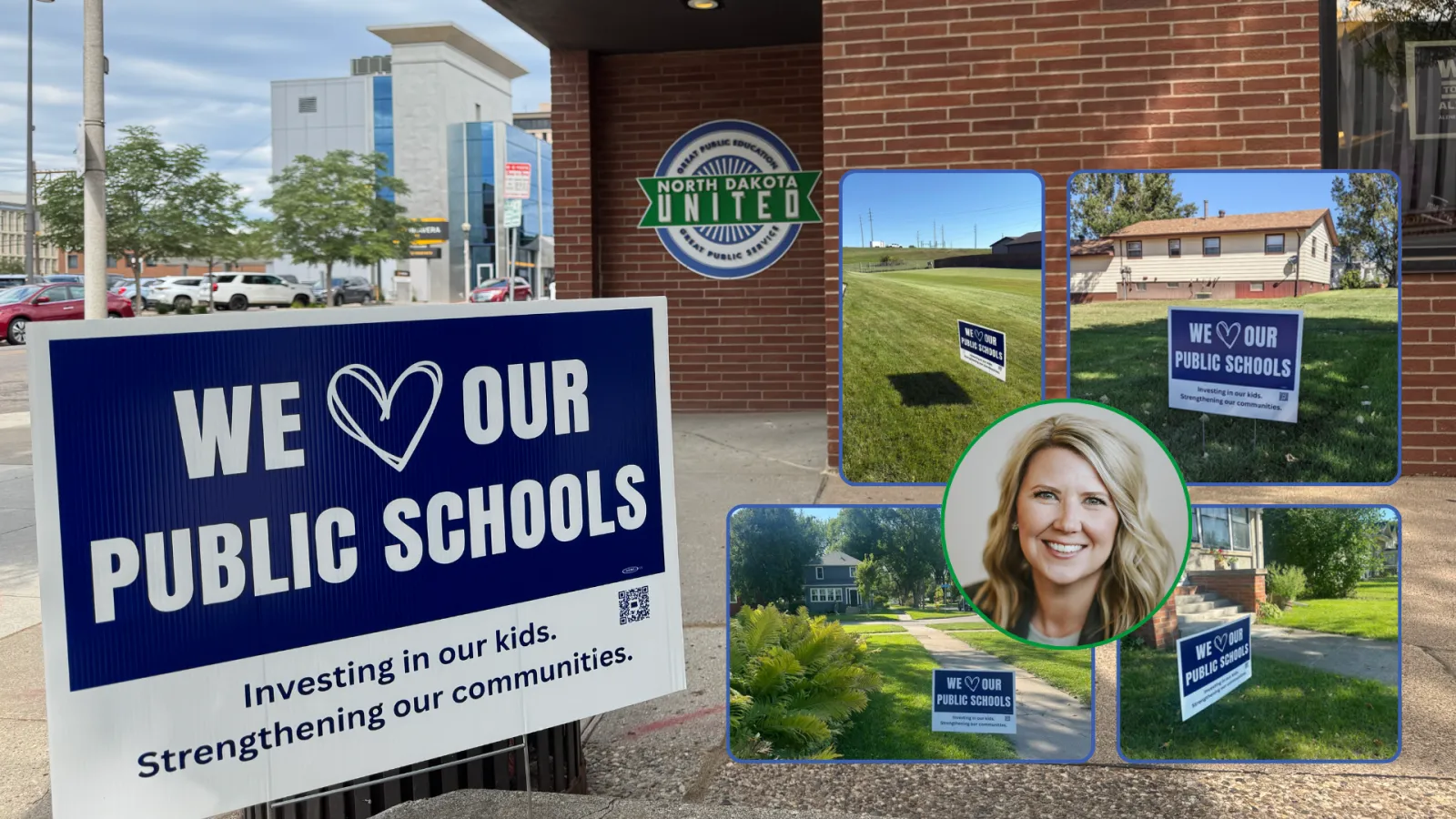 Collage of images of "We Love Our Public Schools" signs in yards of North Dakota homes.