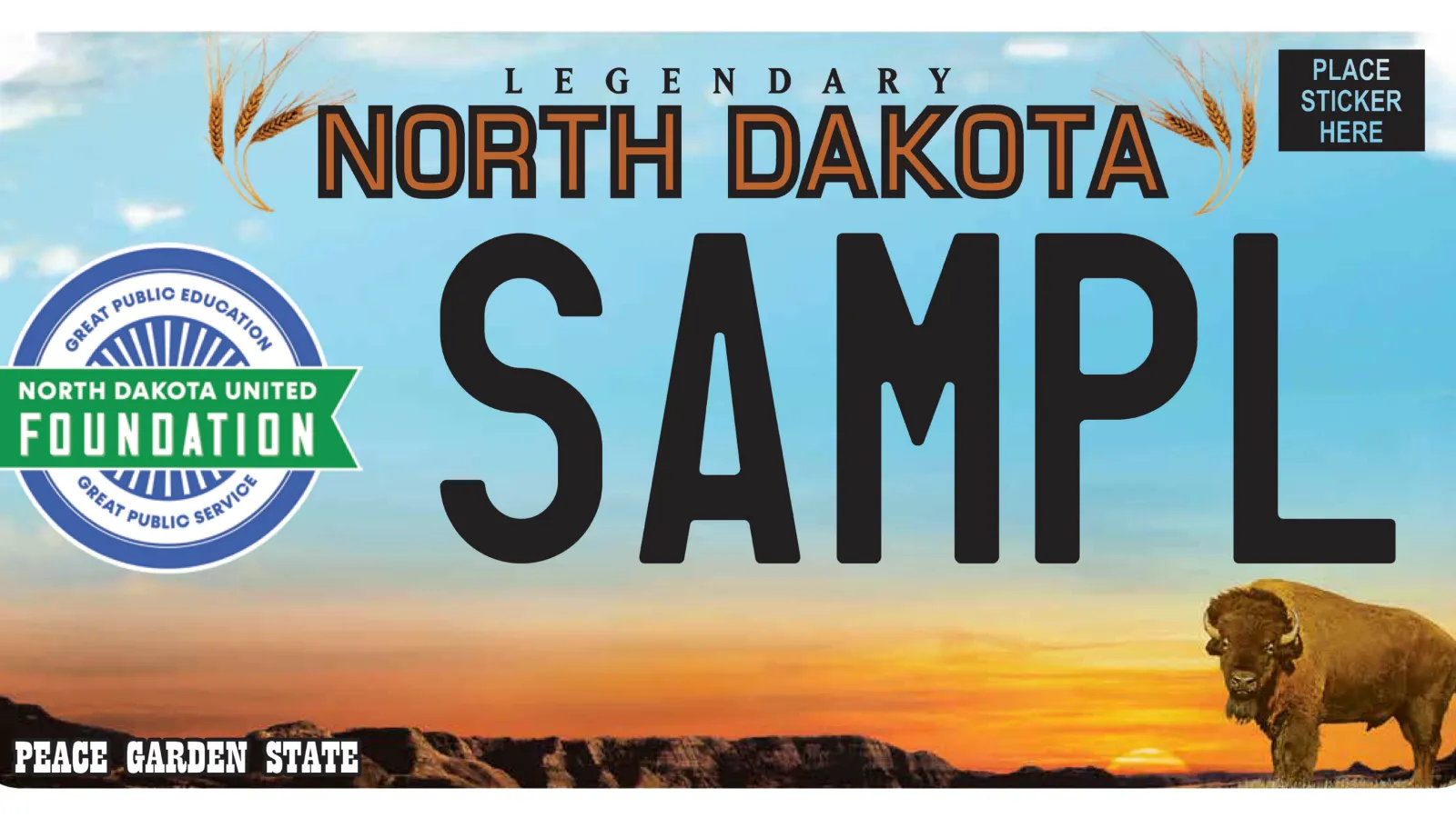 North Dakota license plate with NDU Foundation logo, which reads "SAMPL"