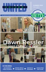 Cover of the Summer 2026 issue of United Voices, the official member magazine of North Dakota United. The cover features a collage of photos of 2027 North Dakota United Education Support Professional of the Year Dawn Ressler, a physical therapy assistant with Mandan Public Schools, working and playing with students. Headlines preview stories on public school advertising, legislators visiting a classroom, the universal school meals ballot measure and the 2026 Delegate Assembly.