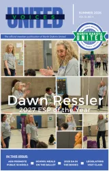 Cover of the Summer 2026 issue of United Voices featuring 2027 North Dakota United Education Support Professional of the Year Dawn Ressler and previewing stories on public education advocacy, universal school meals, legislators visiting classrooms and the 2026 Delegate Assembly.