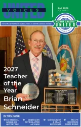 Cover of the Fall 2026 issue of United Voices, featuring Brian Schneider, 2027 North Dakota Teacher of the Year, holding his award beside a trophy honoring past recipients.