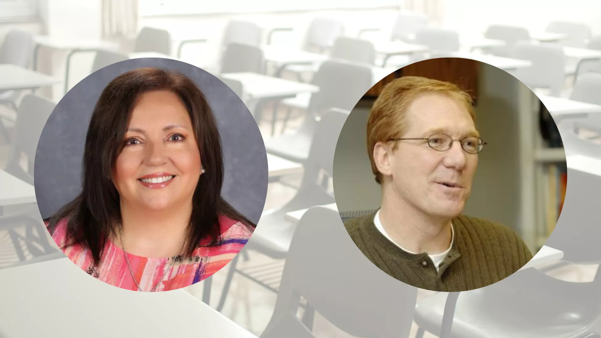 Background image of a classroom at 50% transparency, with circles image over it of a man and a woman.