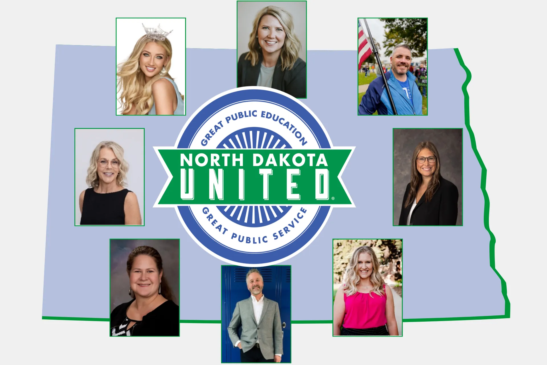 State of North Dakota shape in light blue with green outline, ND United logo in center, and circle of photos of scheduled speakers at upcoming Delegate Assembly.