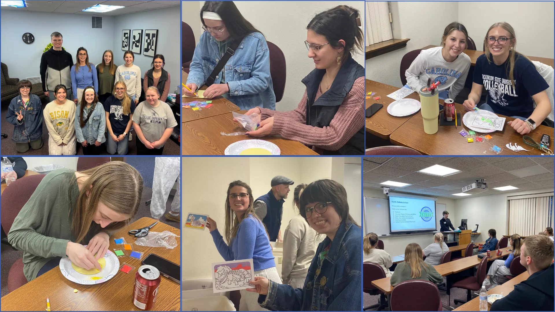 Collage of photos of 10 aspiring educators at a painting event, showing off artwork.