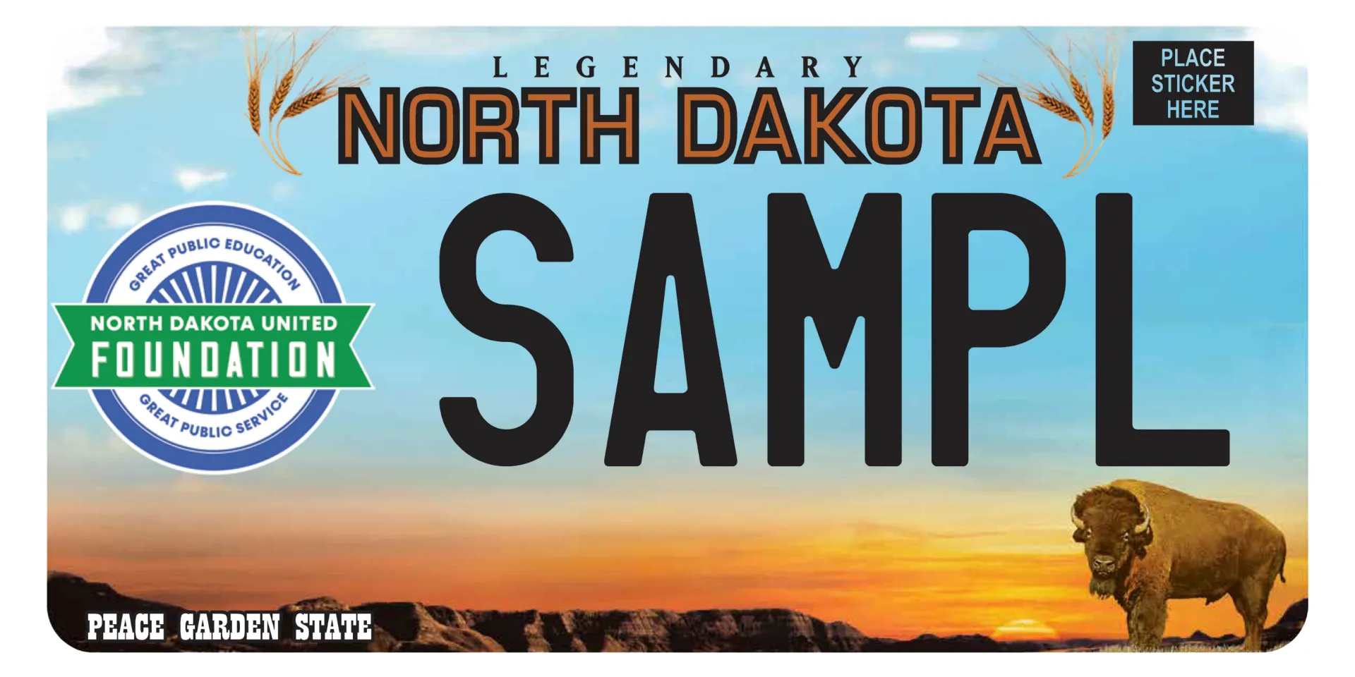 North Dakota license plate with NDU Foundation logo, which reads "SAMPL"