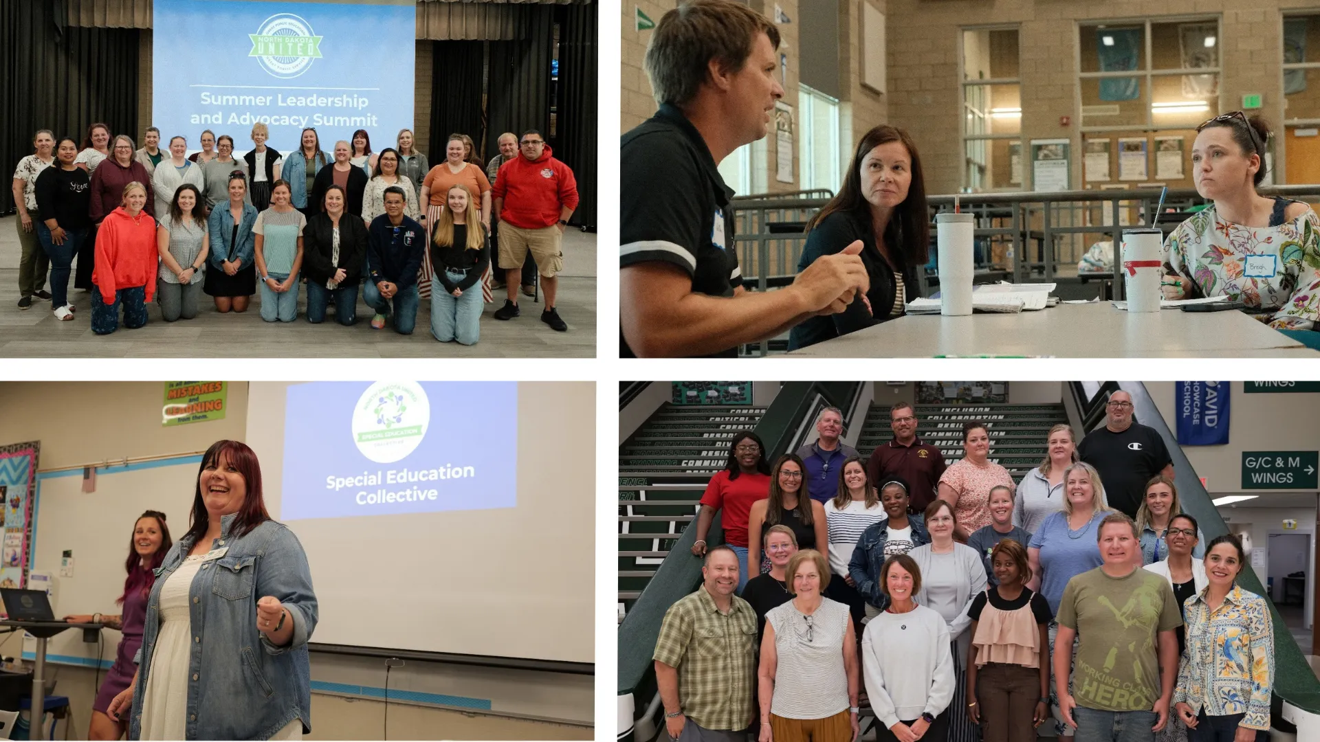 Four group photos from Bismarck and West Fargo locations of NDU Summer Leadership and Advocacy Summit
