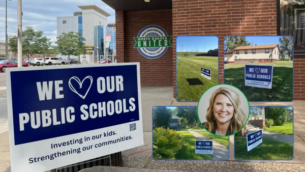 Collage of images of "We Love Our Public Schools" signs in yards of North Dakota homes. 