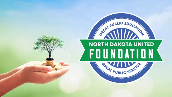 Hands holding a small tree and the ND United Foundation logo, with a green and blue blended background.